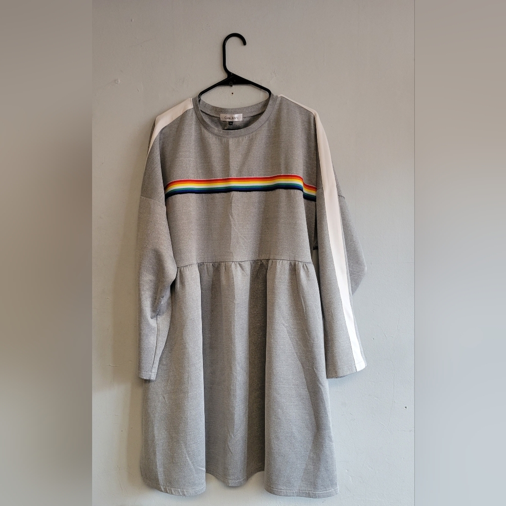 Women's 3XL 3X heather gray dress long sleeves w/white stripe rainbow chest band